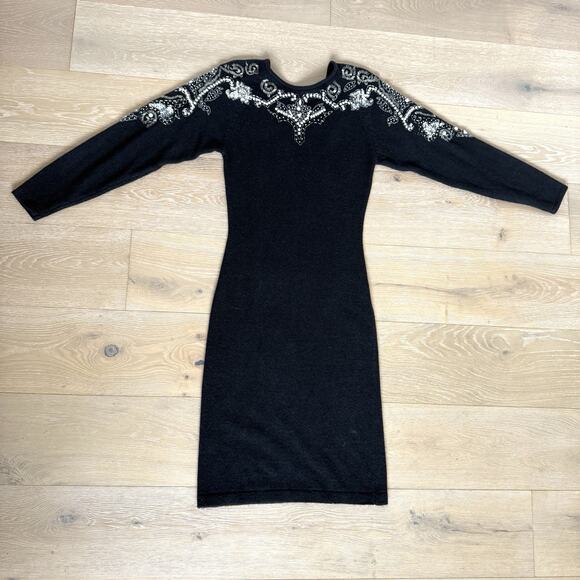 Vintage Sarah Taylor Black Knit Sequin Beaded Sweater Dress Silk Angora S - Picture 1 of 9